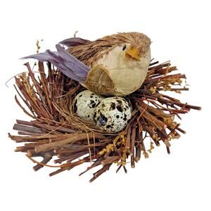Vintage Realistic Handmade Bird on Wooden Twig Straw Nest Figurine Rustic 6"